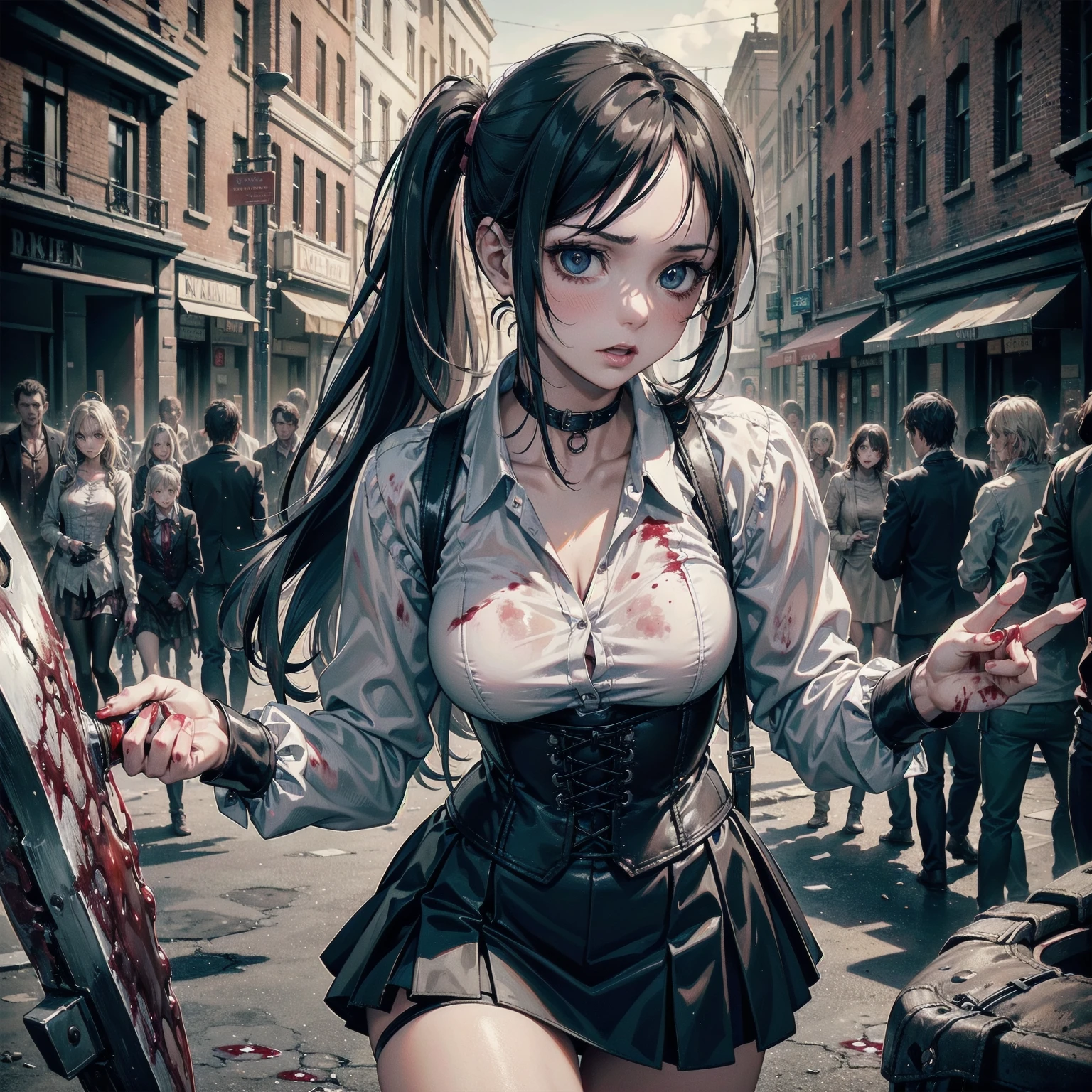 (), (blooda ropa), (blood en etro), (blood en el cue masterpiece, Superior image quality, High resolution, 4k image,photo and gross, photorealistic, 1 young 15 year old  fighting zombies, {{{vagina}}}, fighting pose, big breasts, beautiful face, long black hair, black eyes, very detailed eyes, pink cheeks, shy expression, choker:1.6, (white collar button down long sleeve shirt), black gloves, gloves that cover hands, (holding an axe in his right hand), (black leather corset), (shiny black miniskirt), Sensual Lips , evening de invierno, show details in the eyes, View from the front, looking at the viewer, Victorian style city, 5+ zombies, evening, atmosphere, horde of zombies behind, zombies attacking young girl
