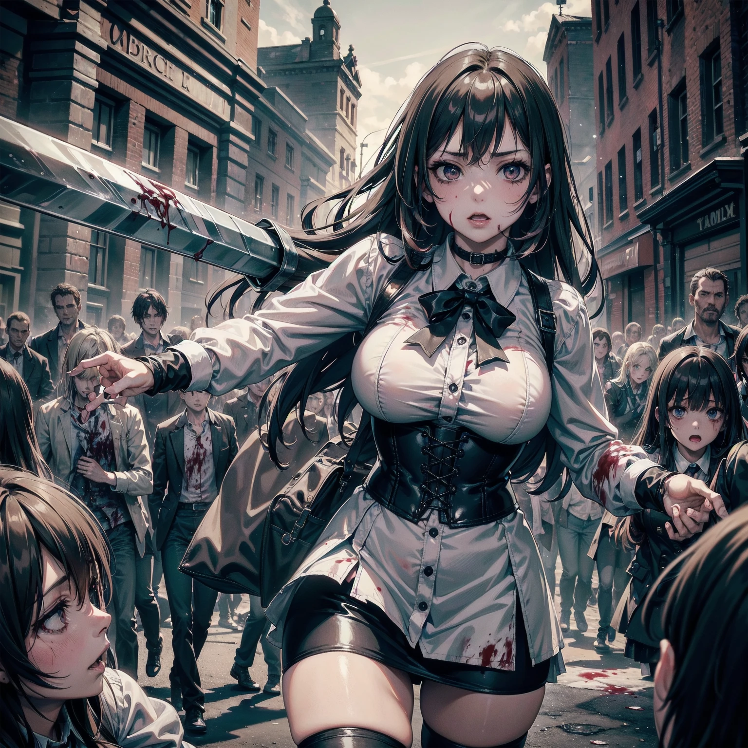 (blood), (blood en la ropa), (blood en el rostro), (blood en el cuerpo), masterpiece, Superior image quality, High resolution, 4k image,photo and gross, photorealistic, ung 15 year old girl fighting zombies, {{{vagina}}}, fighting pose, big breasts, beautiful face, long black hair, black eyes, very detailed eyes, pink cheeks, shy expression, choker:1.6, (white collar button down long sleeve shirt), black gloves, gloves that cover hands, (holding an axe in his right hand), (black leather corset), (shiny black miniskirt), Sensual Lips , evening de invierno, show details in the eyes, View from the front, looking at the viewer, Victorian style city, 5+ zombies, evening, atmosphere, horde of zombies behind, zombies attacking young girl
