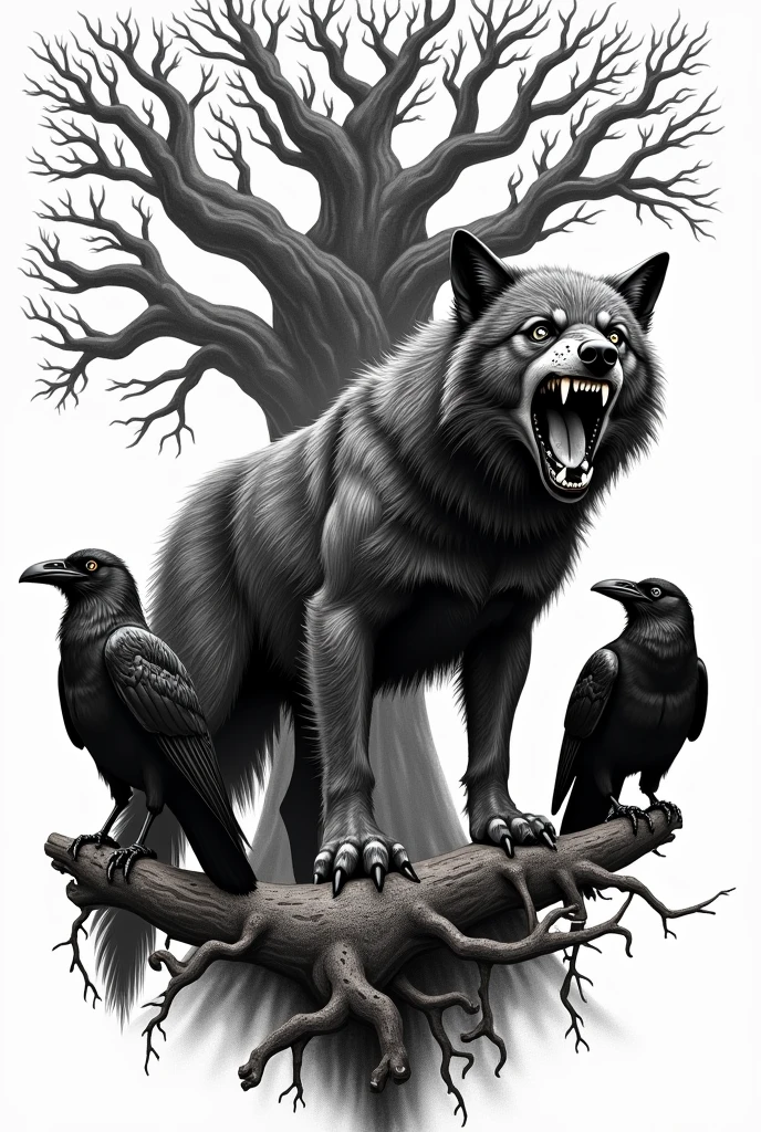 Fenrir between two of Odin's ravens, with the Yggdrasil tree beneath them. black and white tattoo