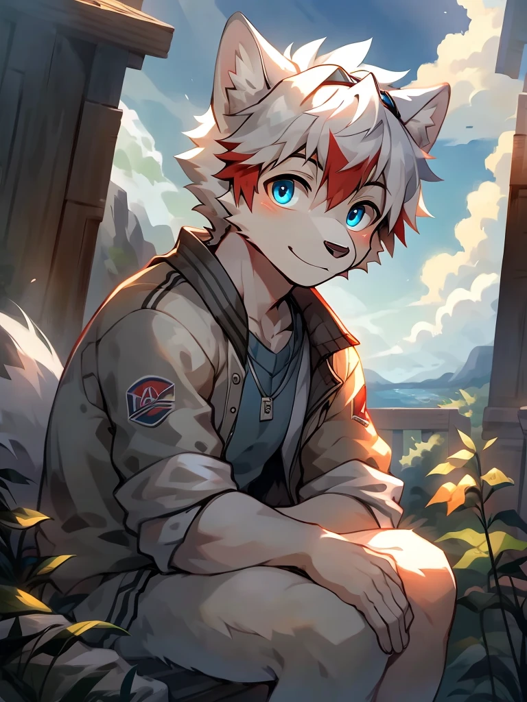 masterpiece, solitary, Furry gray wolf,White hair,Red highlights, blue eyes, Gray medium-length hair, Medium muscle, Cool pose, charming, Handsome, OK, casual shirt, goggles, Warm, comfortable. Nice scenery,Wear a baseball jacket,Bright Eyes,boys,酷boys,