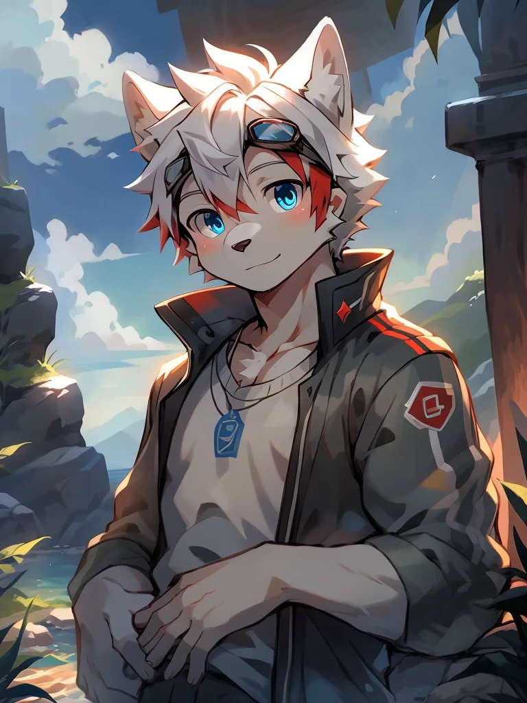 masterpiece, solitary, Furry gray wolf,White hair，Red highlights, blue eyes, Gray medium-length hair, Medium muscle, Cool pose, charming, Handsome, OK, casual shirt, goggles, Warm, comfortable. Nice scenery，Wear a baseball jacket，Bright Eyes，boys，酷boys，