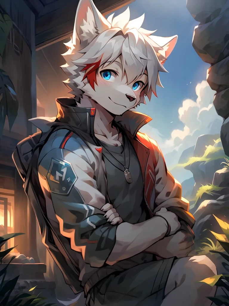 masterpiece, solitary, Furry gray wolf,White hair，Red highlights, blue eyes, Gray medium-length hair, Medium muscle, Cool pose, charming, Handsome, OK, casual shirt, goggles, Warm, comfortable. Nice scenery，Wear a baseball jacket，Bright Eyes，boys，酷boys，