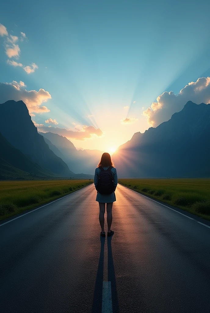 Imagine a long, winding road that stretches as far as the eye can see., flanked by vast green fields that disappear into the horizon. Ao fundo, towering mountains rise beneath a deep blue sky, with few clouds floating gently. the sun starts to set, Painting the sky with shades of orange and pink, creating a breathtaking landscape.
In the center of this road, a person is standing, standing backwards, looking at the vastness before you. Posture is upright, full of determination, and the silhouette is outlined by the soft glow of the setting sun. from beside, a backpack, slightly worn by time, suggests a long and challenging journey. The gentle wind flutters the person's clothes and hair, but she remains firm, as if absorbing the energy of the surrounding nature, preparing to continue your journey.
The scene is impressively calm., but carries within itself a silent force. Every detail, from the vastness of the horizon to the resolute posture of the solitary figure, conveys a powerful message: that the road ahead may be long and full of obstacles, but also full of endless possibilities.
This image encapsulates the essence of motivation – the courage to keep going., to move forward, to face the unknown with confidence. She reminds us that, no matter how difficult the path is, the journey itself is a vital part of growth, and that each step brings us closer to our destination.