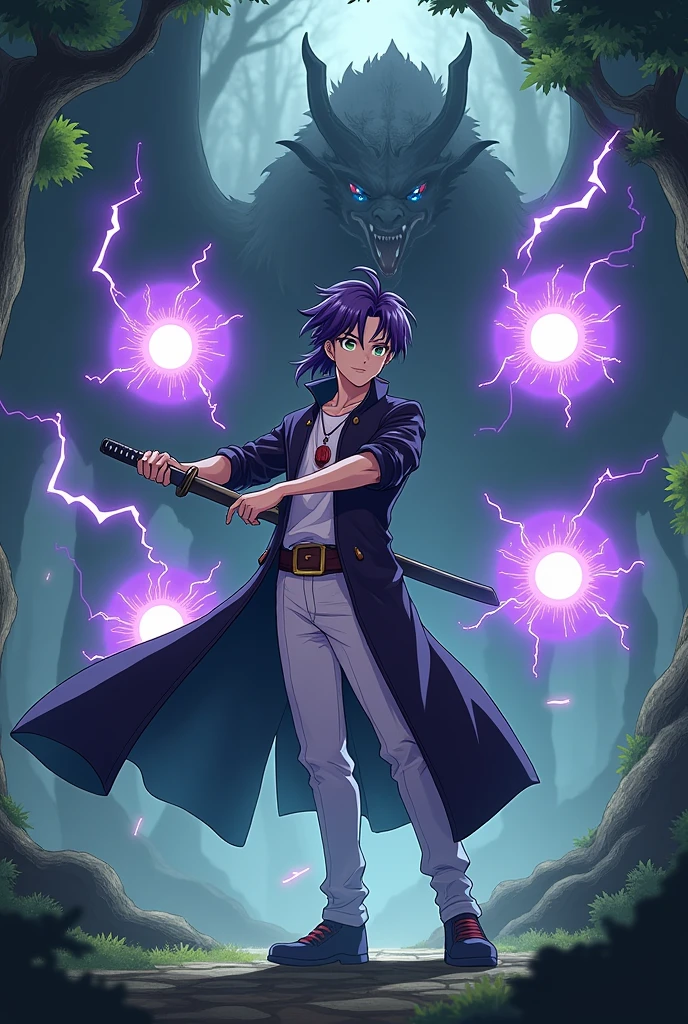 An anime-style scene set in a dense, mystical forest. The character, a Genshin Impact-inspired warrior, stands at 187 cm with average but striking features. He has purple hair styled in a mullet haircut, green eyes, and a soft yet fierce expression. He's dressed in a black overcoat, white pants, and a matching white T-shirt. The character is in a dynamic, full-body pose, showcasing his strength and agility as he swings a katana sword with his left hand. Behind him, three purple mana circles with crackling lightning power glow ominously, highlighting his magical abilities. The background features a large, menacing dragon emerging from the shadows, creating an intense battle atmosphere