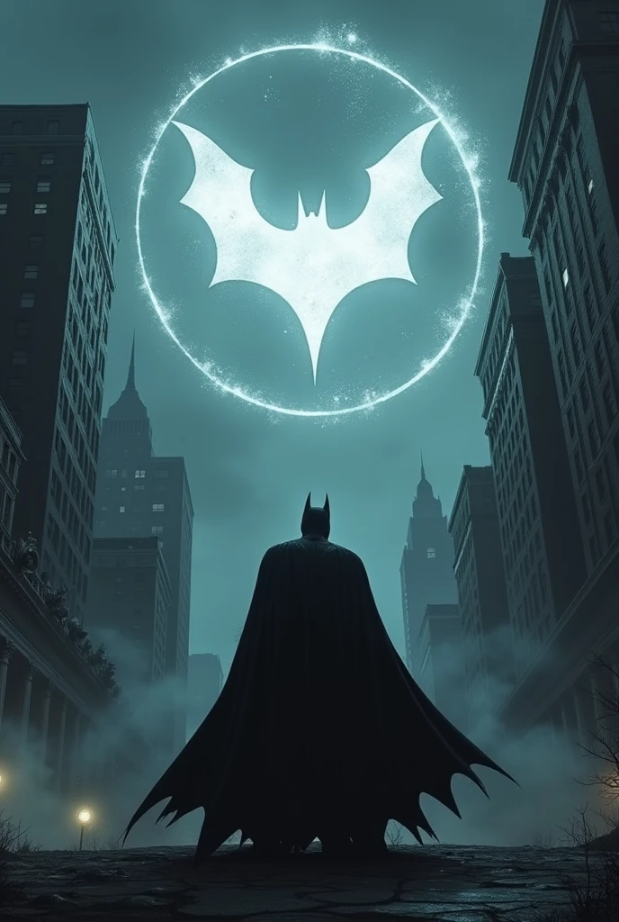 A photo of Gotham City with Batman calling in the sky, but instead of the bat it will have an M.