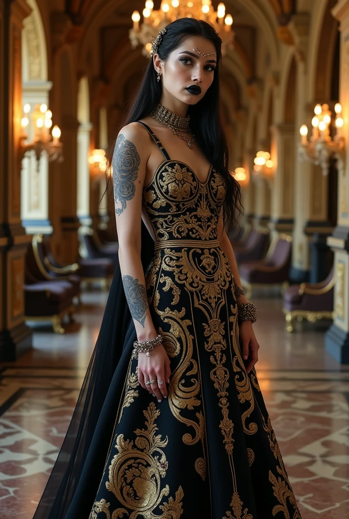 Goth Elf Girl in a Dolce & Gabbana Palazzo: In the luxurious setting of a Dolce & Gabbana palazzo, the goth elf girl wears an opulent black and gold Dolce & Gabbana gown with baroque patterns and rich textures. Her multiple piercings and dark lipstick complement her elaborate tattoos of roses and thorns. The grand palazzo, with its ornate architecture, chandeliers, and lavish furnishings, provides a regal backdrop for her high-fashion ensemble.
(HD) (Masterpiece)