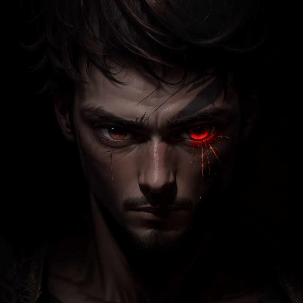 A masterpiece of the highest quality and the best beauty, showing a man with a scratch on his eye (1.2), His eyes are red, the shape of his pupils is lined like an animal. dark, black background, only showing the head