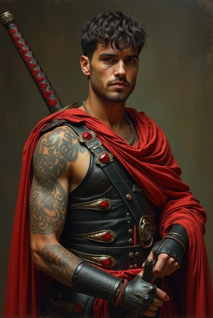 {{Masterpiece, best quality, oil painting, by Franz von Stuck, by James Tissot, by Moebius, male focus, muted colors}}, the composition is: ((((((very dramatic half body portrait of a handsome 30 year old ancient Roman guard, brown skin, tan, confident, magnificent, tattooed, brown hair. His face is tattooed, he has snake-like eyes)))))). (((((He is wearing a silken, black and red ancient ronin armor with praetorian inspired elements made of alligator leather, he is wearing a red diamond shape pendant, armed with katana))))).
