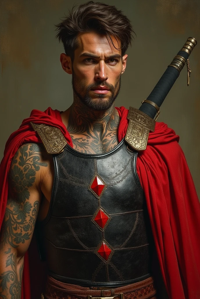 {{Masterpiece, best quality, oil painting, by Franz von Stuck, by James Tissot, by Moebius, male focus, muted colors}}, the composition is: ((((((very dramatic half body portrait of a handsome 30 year old ancient Roman guard, brown skin, tan, confident, magnificent, tattooed, brown hair. His face is tattooed, he has snake-like eyes)))))). (((((He is wearing a silken, black and red ancient ronin armor with praetorian inspired elements made of alligator leather, he is wearing a red diamond shape pendant, armed with katana))))).