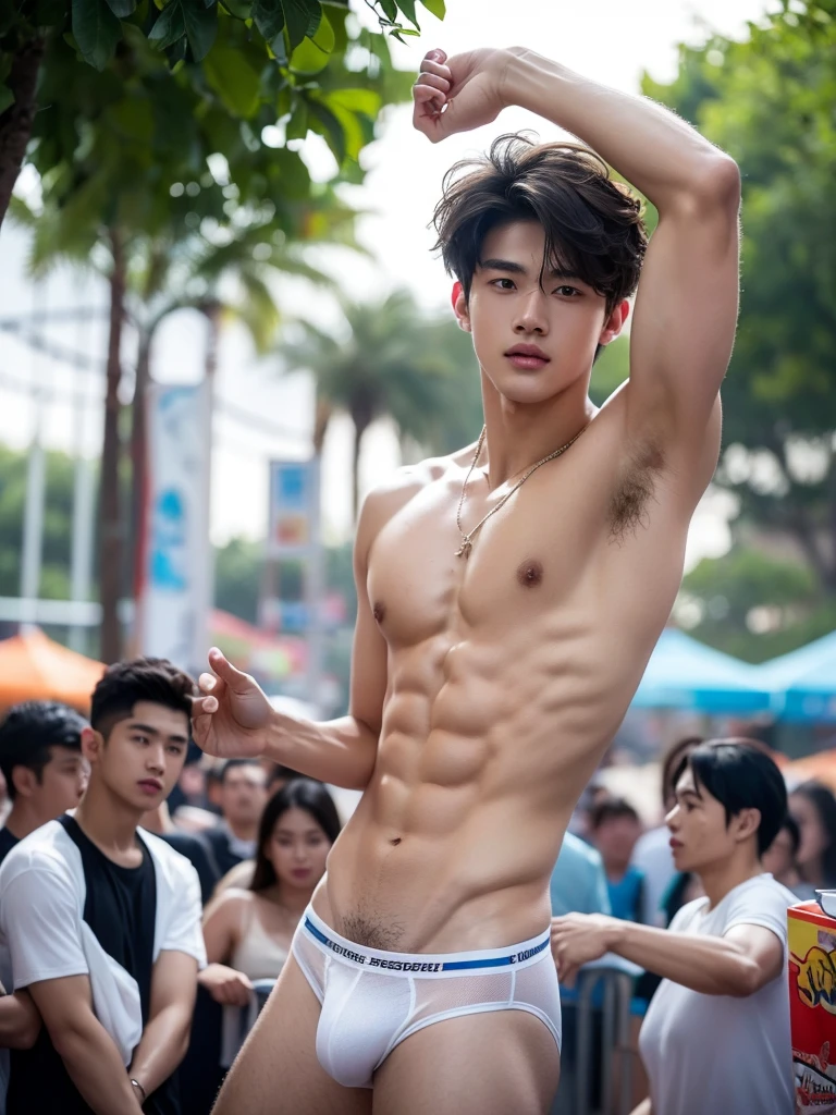 Crowded amusement park, amusement park light, crowded people, Very dirty Stain in his thong, no hair in armpits, smooth armpits, Very detailed finger, don't merge body, Very young boy, ager boy, (photorealistic, masterpiece, best quality), white pale skin, muscular man, hunk, charming, attractive, wearing necklace in his neck, completely naked , Realistic, fully naked, nude, perfect , male , modeling for a photoshoot, editorial style, handsome man, detailed face, Very crowded classroom, Topless, shirtless, 17 y, very young boy, Cinematic soft lighting illuminates a stunningly detailed and ultra-realistic handsome korean male supermodel, ultra messy curly hair, clear honey eyes, captivating perfect smile, sensual, hot man, insanely handsome, showing off his sweaty body, very sixpack muscular body build, slender, toned, full body, 8k, photography, masterpiece, detailed face, detailed eyes, detailed hands, in the crowded festival showing off his very bushy hairy armpits, only wearing very thin micro thong with big hard bulge, very wet body, very sweaty body, amusement park background, amusement park scenery, wearing thin thong