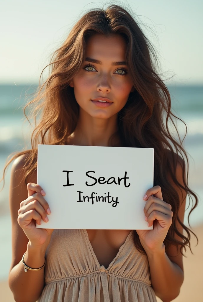 Beautiful girl with wavy long hair, bohemian dress, holding a white board with text "I Love Seaart Infinity" and showing it to the viewer