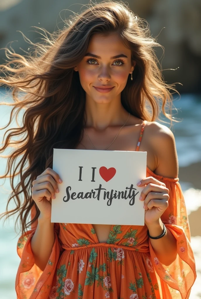 Beautiful girl with wavy long hair, bohemian dress, holding a white board with text "I Love Seaart Infinity" and showing it to the viewer