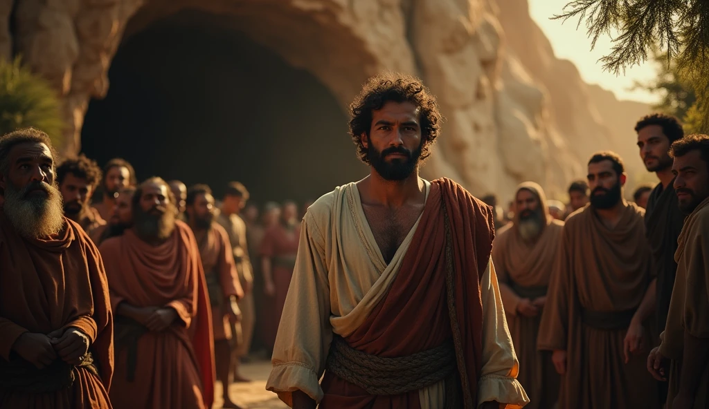 "Create a cinematic and realistic scene of David, the future king of Israel, standing near the entrance to a cave, surrounded by a crowd of disaffected and marginalized people. The atmosphere is tense and hopeful at the same time. Davi, with an expression of determination and compassion, is dressed in simple clothes, but worthy, reflecting his humble origins. The crowd, composed of men and women of different ages and ethnicities, displays faces marked by struggle and sadness, but also for hope. Ao fundo, the cave rises imposingly, symbolizing a refuge in difficult times. Soft evening light illuminates the scene, creating dramatic shadows and highlighting the characters' faces, while the surrounding nature suggests a wild and unexplored environment. This image should capture the essence of unity and mutual support between David and his people., in a moment of transformation and resistance."