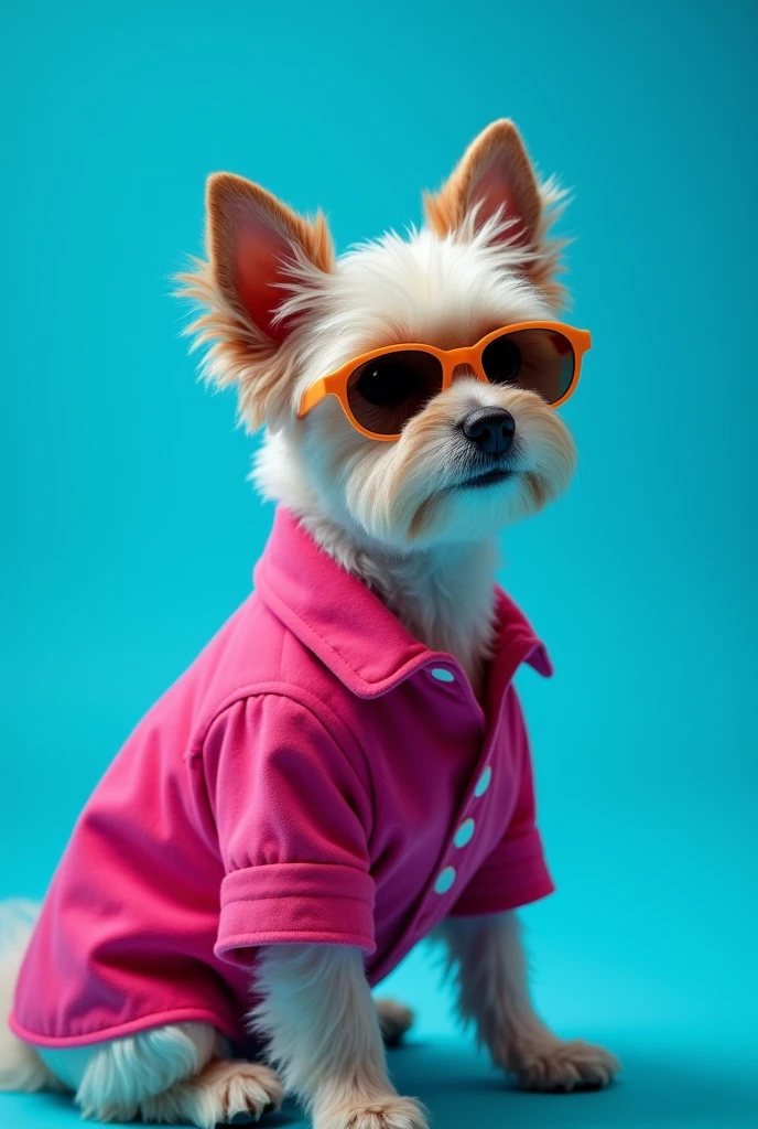 The best cell phone wallpaper, Award-Winning Wallpaper, portrait photography, In the front view is a portrait of a cute dog wearing mid-1960s space age fashion, Side view photo, Shot with Canon EOS R5, Set a strong contrast that accentuates the subject, Fluorescent blue tone, Wearing a very modern coat and sunglasses is a modern 1960s style, Clothes all in one color, beautiful background