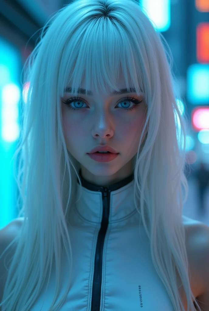 ((best quality)), ((masterpiece)), (detailed), perfect face, a beautiful woman with white long hair and a sky blue reflection, she has a tufted fringe, she has sky blue eyes in a cyberpunk city with sky blue lights and she is half cyborg with no clothes, Total body image. Hentai.