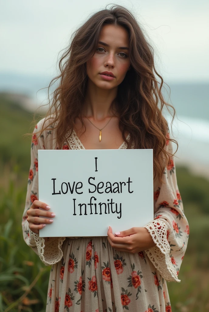 Beautiful girl with wavy long hair, bohemian dress, holding a white board with text "I Love Seaart Infinity" and showing it to the viewer