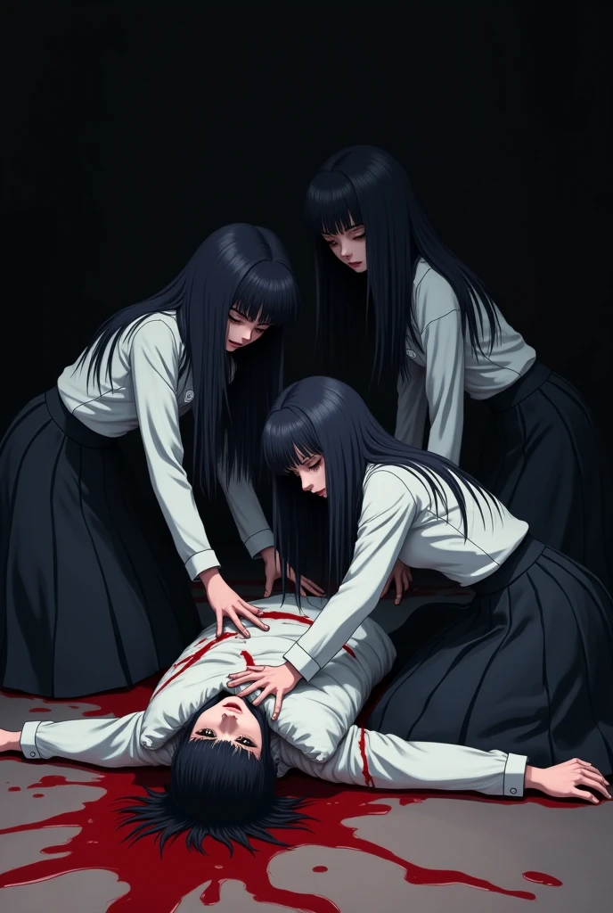 Group of school girl killers with long black skirts and long hair suffocating killing with a pillow on a boy&#39;s face on the floor in anime