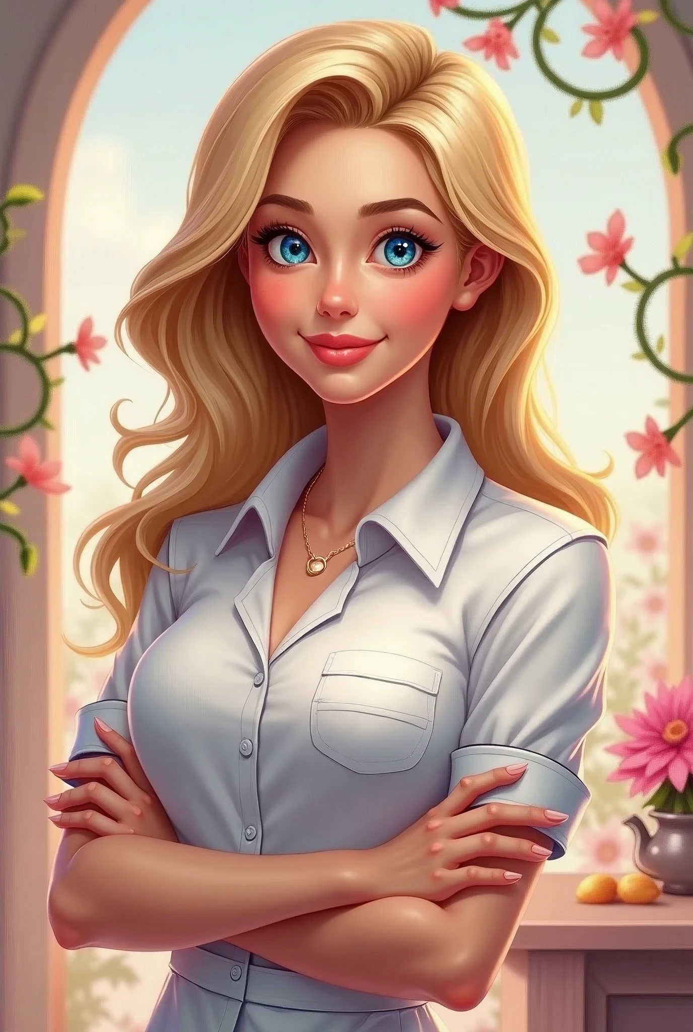 A blonde woman with blue eyes,length hair, work clothes as a beautician, Disney art.