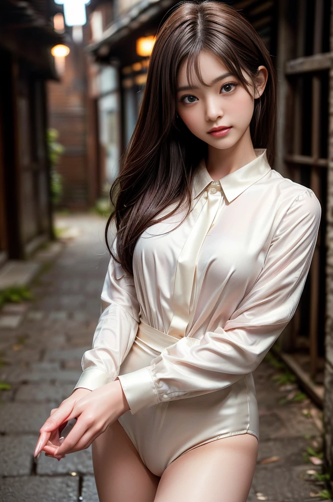 (masterpiece:1.5)、(Realistic:1.5)、(Highest quality:1.4、8k、RAW Photos)、Ultra-high resolution、19 years old、Japanese women、Cute woman:1.4、(1 girl)、slender、Medium Hair、Dark brown hair color、(Realistic depiction of eyes:1.3)、(The catchlights in both eyes are the same:1.3)、Dark brown eyes、Beautiful Eyes、double eyelid、Natural Makeup、Professional Lighting、Background blur、Perfect and dynamic composition、Sophisticated、超Realistic、Attention to detail、Realistic looking skin、Feminine blouse、eductive poses in deserted alleys late at night:1.3)