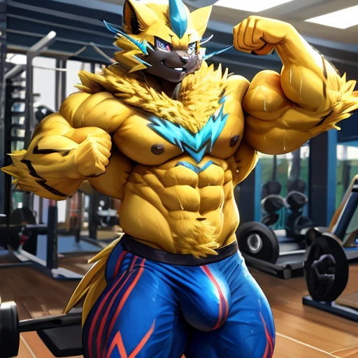 zeraora, huge muscle, flexing, gym, sweaty, exhuasted, bulge