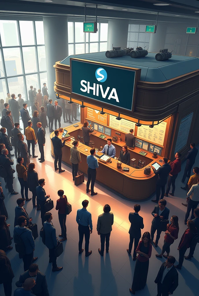 Create a picture of booking counter and counter name is "Shiva " and in front of booking counter lots of people in lines