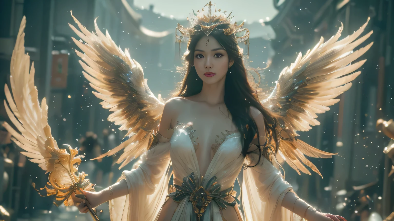 Black Hair, Hair shaking, victory, Long eyelashes, Solid round eye, A faint smile, ears red, direction, Surrealism, shadow, Relief, Stereogram, Standing picture, Throw, Atmospheric perspective, 8K, Super Detail, precise, best quality.masterpiece, best quality, (Extremely detailed CG unity 8k wallpaper), (best quality), (Best Illustration), (The best shadow), absurd, Realistic lighting, (abyss), Beautiful and delicate light, Peter Moore (Peter Mohr Bacher) Artworks,(White Wings 1.3)。Angel Girl,Flying to the clouds,White Cloud,White Cloud,Blue sky。Blue sky。Blue sky。(White papal robe1.3),(Golden Wings 1.3),Wearing a crown on his head,