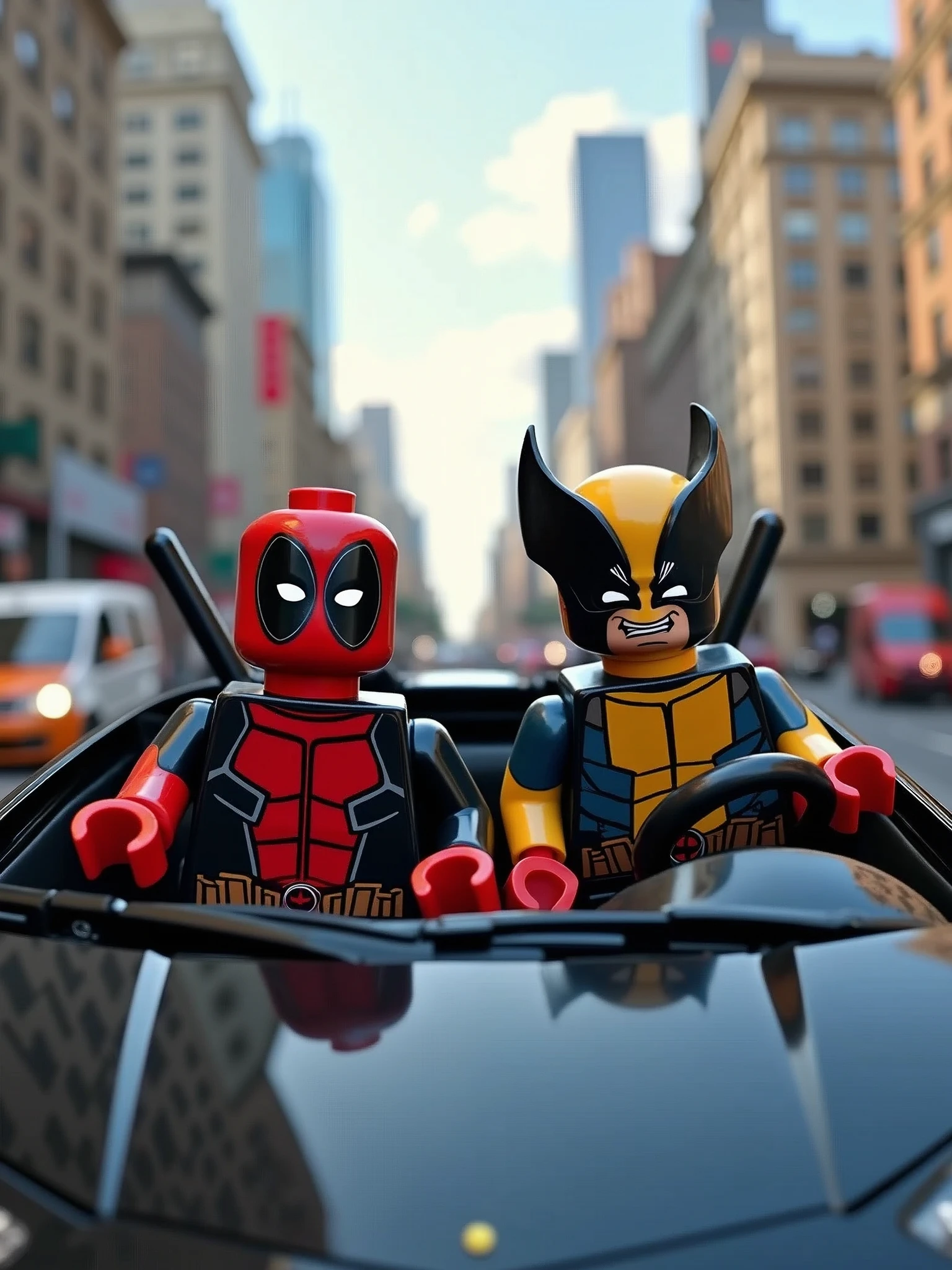 Photorealistic image of Lego figurines of Deadpool and Wolverine, driving a Lamborghini, new york city background,captured in high detail, with vibrant colors and sharp focus, highlighting the characters' iconic features in a lifelike and playful way