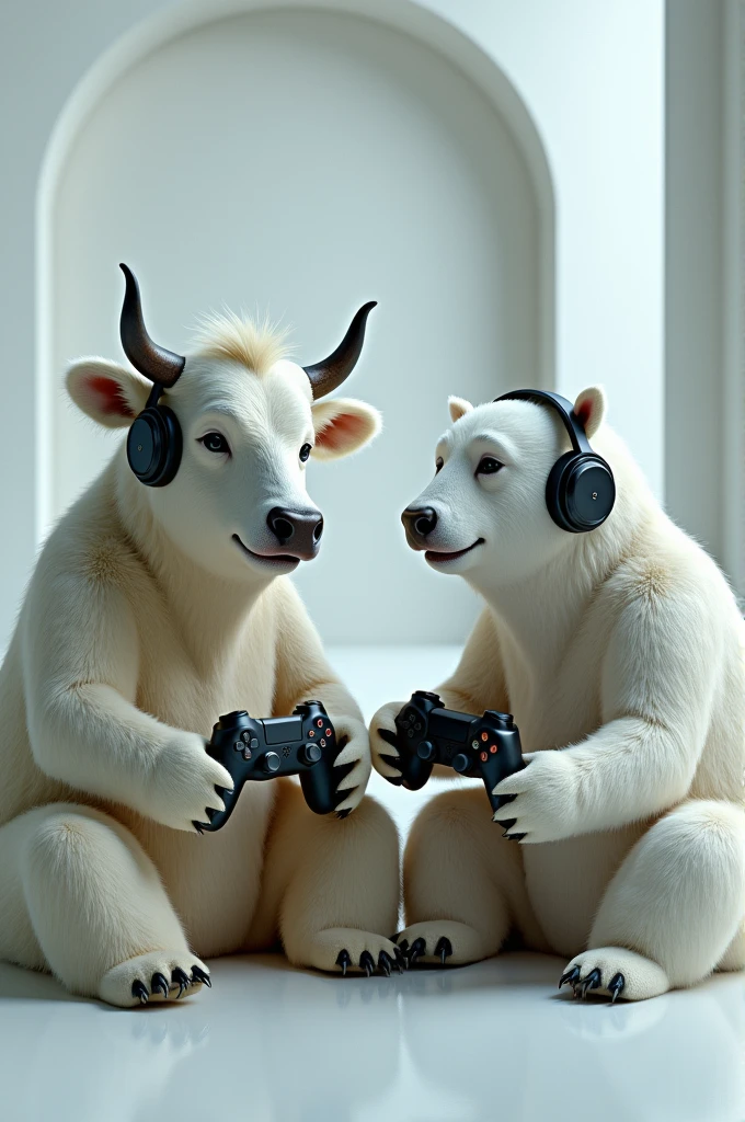 A cow and a polar bear theme realism Playing video game with controls in hands and with headset 