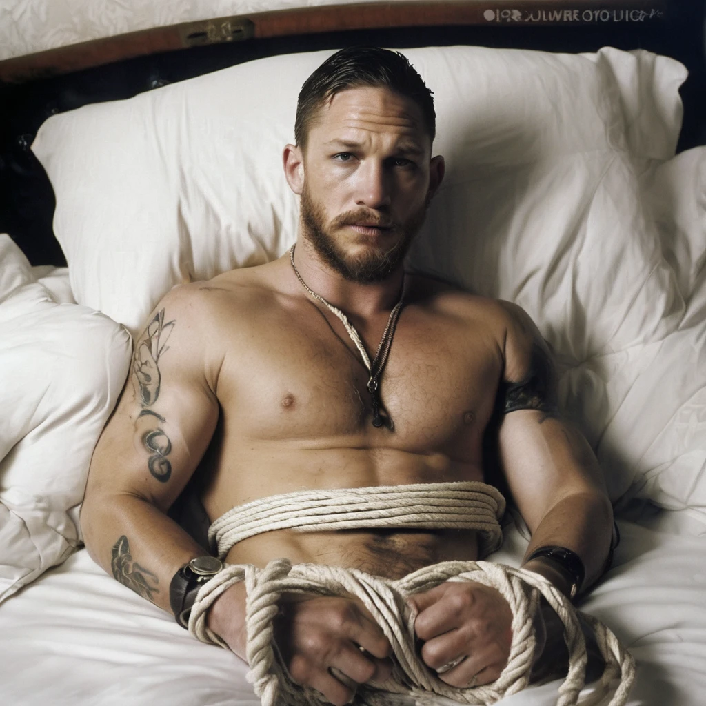 tied wrist photo of Tom Hardy, bound to a bed, desnudo, white rope, underwear, hairy chest"