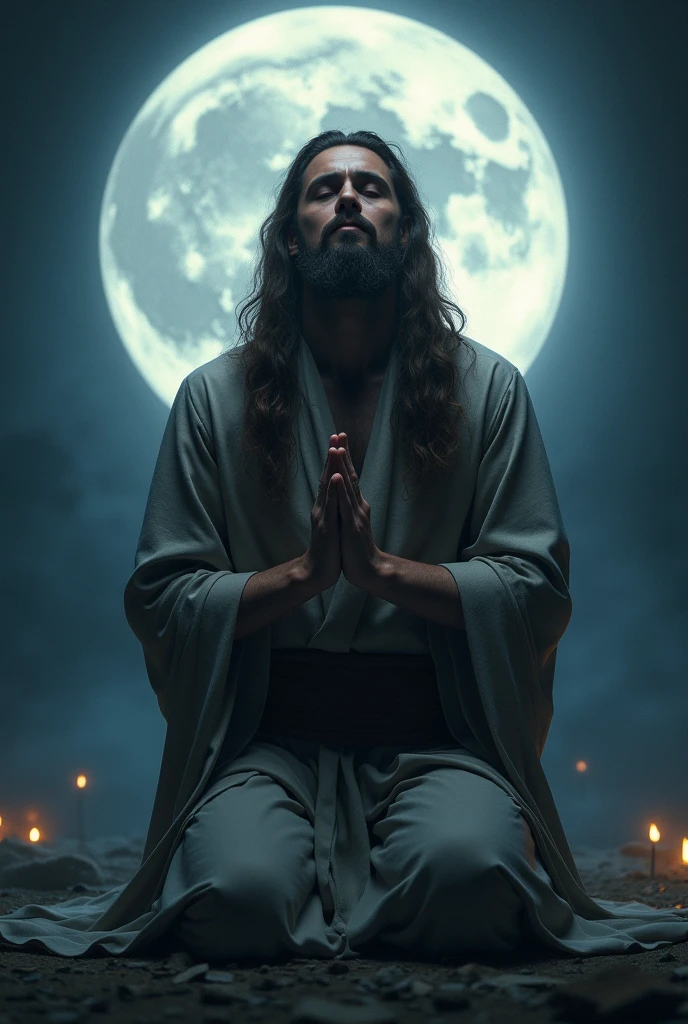 Beautiful Long hair man low bearded praying hands on knees at moonlight in front view beautiful clothes