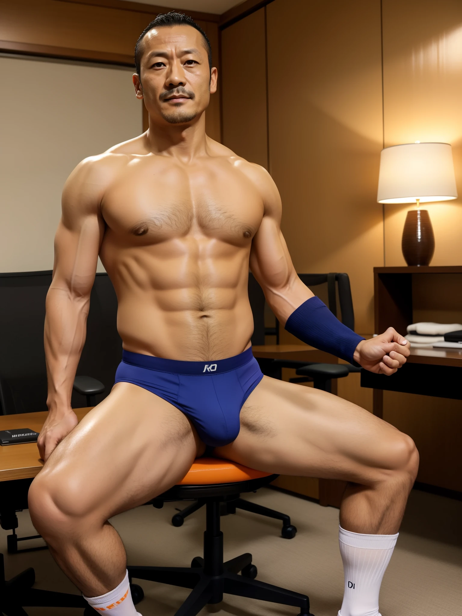 40 years old,Hidetoshi Nakata,(Kogoro Mori 1.3),whole body,Lean,muscle,office,Orange socks,Feet raised,surrender,Baldhead ,transparent,Thick body hair,underwear,Topless,Densely hairy,Fortitude,HD,With a mustache