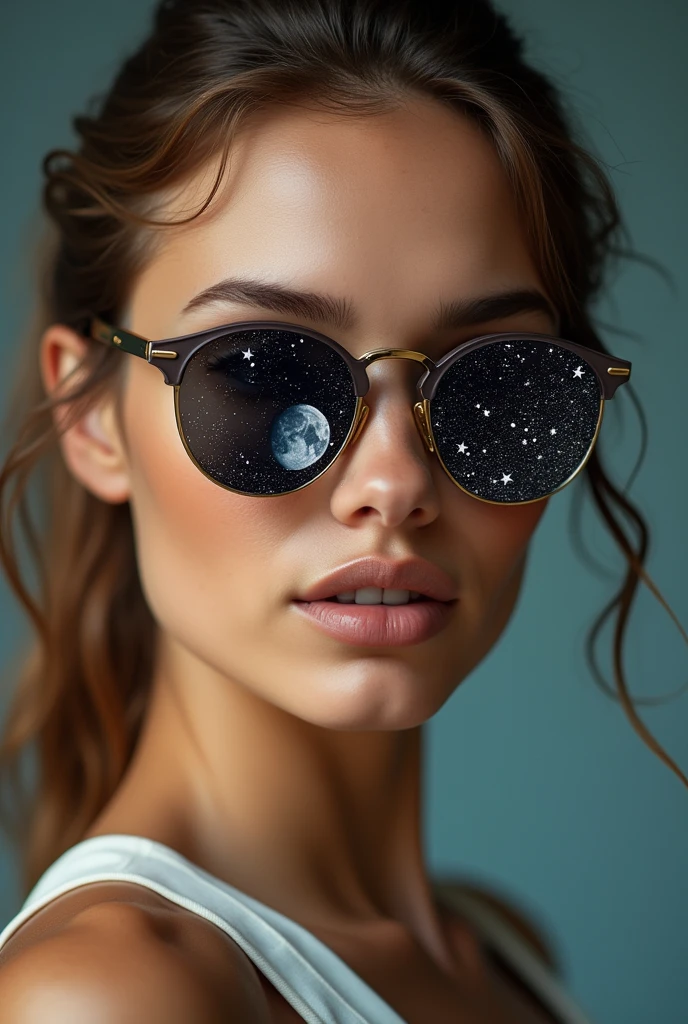 The model is wearing glass sunglasses with stars and the moon on the glass
