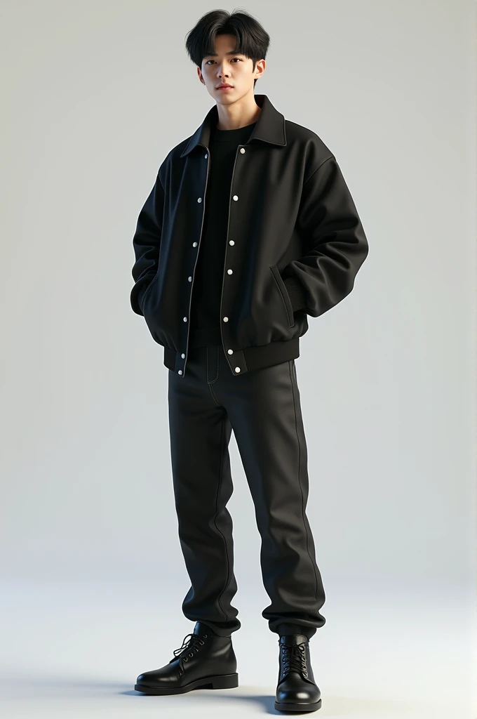 3d realistic 18-year-old bts boy wearing black baseball jacket and black jeans and black shoes and
