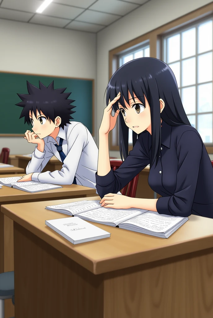 Man Kirito Sao and woman Suzune Horikita black hair Classroom of the Elite studying 