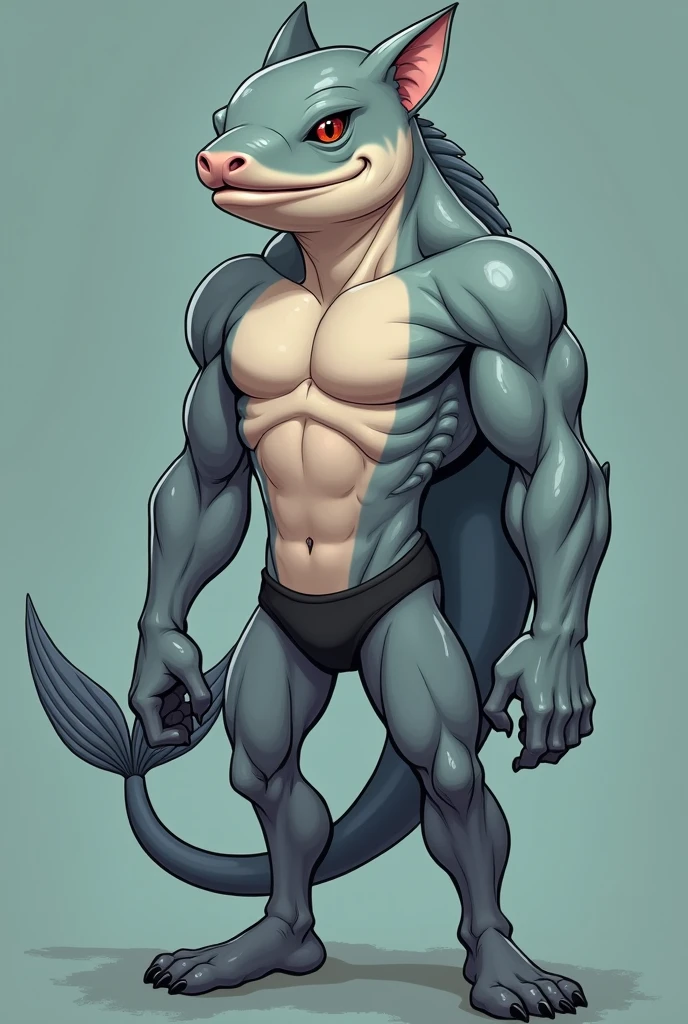 A muscular humanoid catfish grey wearing a speedo with fish face, cartoon style
