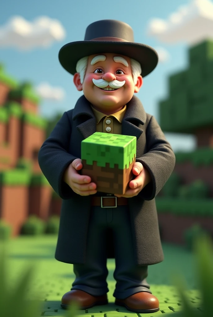 1 man happy with white mustache wearing black coat and black hat holding grass block Minecraft version