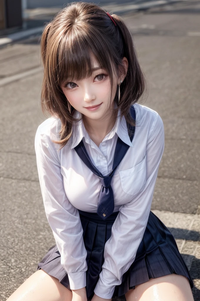 Kujikawa Def,Twin tails,school uniform,Seraph of the Black,Long sleeve,skirt,Knee socks,jewelry,Earrings,Straddle,
Highest quality, Very detailed, masterpiece, Absurd,8k, photoRealistic, Realistic,Detailed skin texture,Detailed pupil,High resolution,Natural light,
One girl,alone,(Happy:1.1),(smile:1.2),short hair,Brown Hair,(Angular face:1.2),Shining Face,Large Breasts, Tight waist, Lip Makeup,Wet shirt,Spread your legs,I can see her panties:1.5
