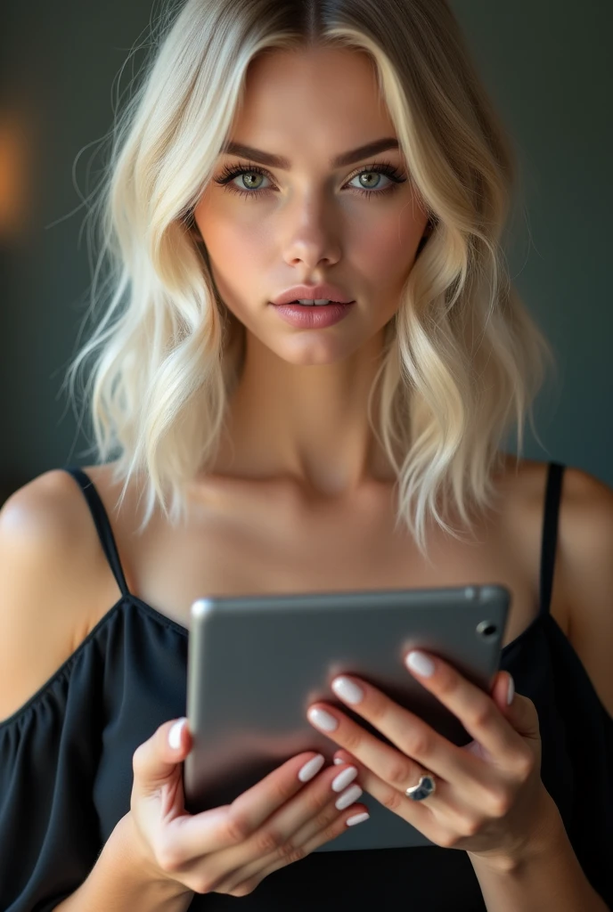 beautiful white-skinned girl  , medium light hair , beautiful hairpins ,  with bright sparkling eyes, long eyelashes, Plump lips, glitter and rhinestones, skin shine, Beautiful manicure, beautiful nails
,pearl skin, holding a tablet in his hands, in a black dress with open shoulders, Beautiful detailed fingers, professional photo, 4K, a high resolution, high detail, aesthetically pleasing, Beautiful, realistically, looks straight