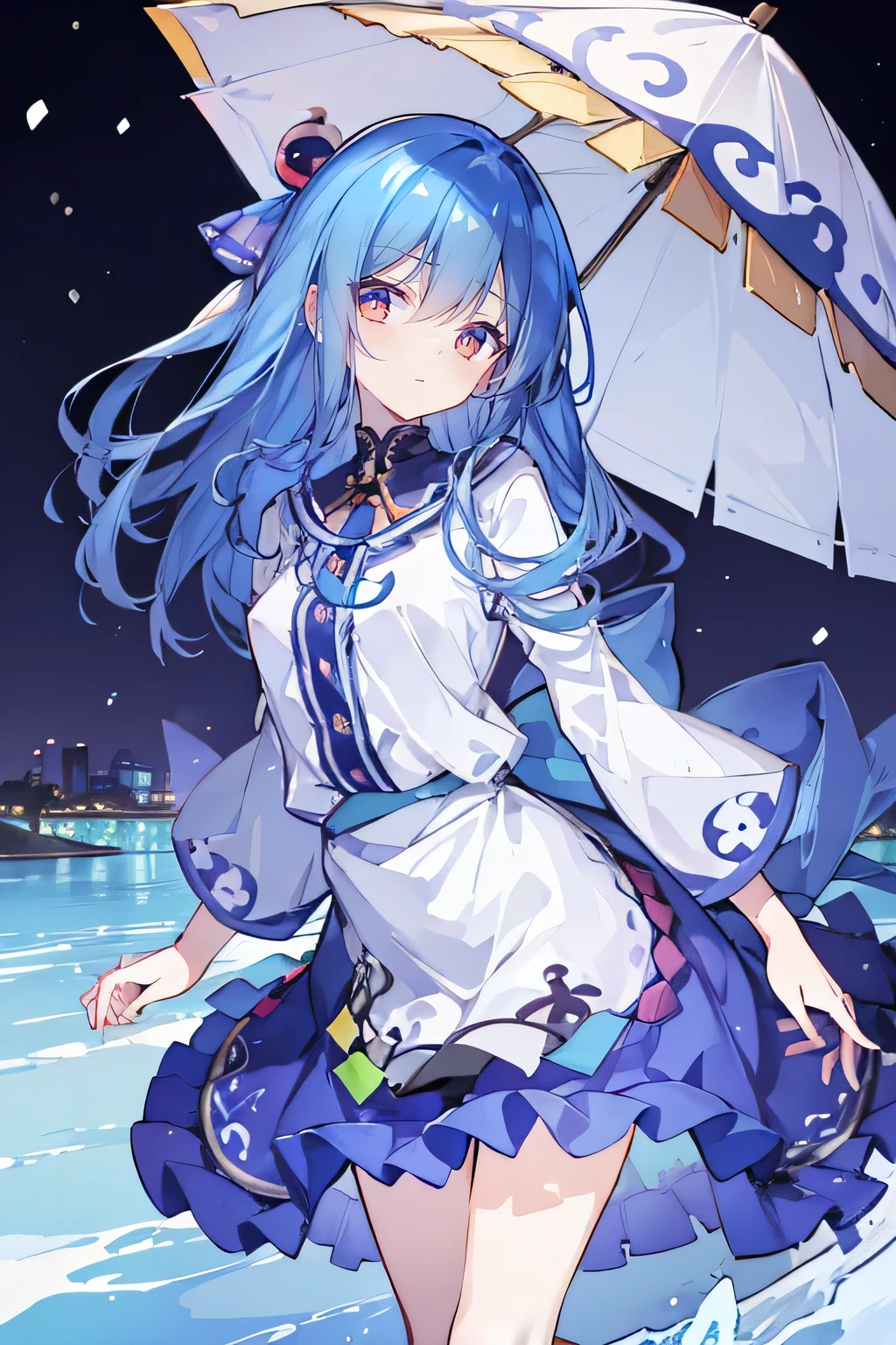 (masterpiece:1.2)，Ultra-detailed，lifelike，The eyes are expressive，Fair skin，Perfect face shape，1 girl，
Japanese Manga，Gorgeous blue hair，Flowing blue hair，Flowing clothes，Cat&#39;s ears，Petals falling，Beautiful Lola，little angel，
Cross your legs，Gentle and peaceful background，The pavilion is cool and comfortable，Smile，Tokyo background，background，snow，winter，Back。