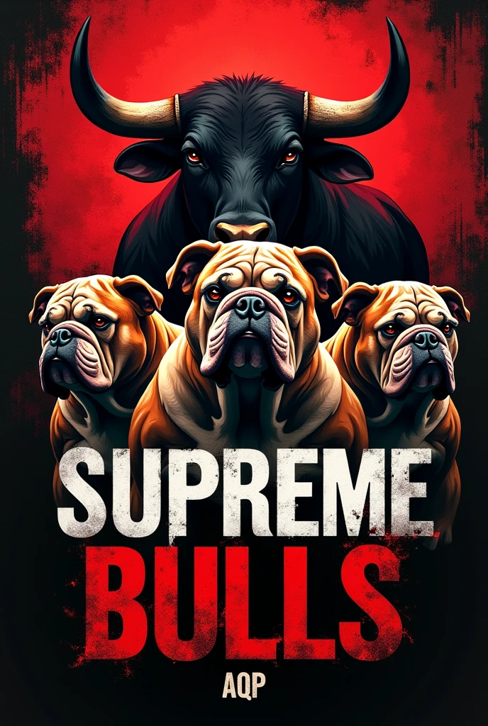 Create a tough and eye-catching cover with the words Supreme Bulls AQP with an image of chubby, tough, muscular English Bulldogs and with a black and red background and a tough and wild bull 


