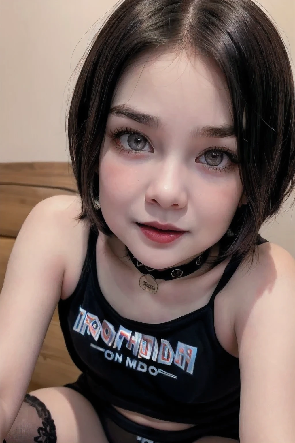 ((GOTHIC BLACK EYELASH)), ((BLACK LIPS)), ((shorthaircut:1.3)), adorable, 1 girl, (face to face), , baby face, h, half body portrait, (face details: 1), (eye details: 1), ((tiny breasts)). ((croptank "fire-skull" picture)), ((net stockings))