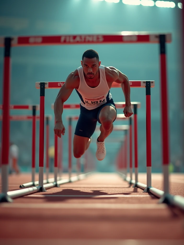 The artistic photo captures the Olympic 110m hurdles event from a low angle, placing the viewer on the track looking up at the sprinters through the hurdles. The hurdles act as a framing device, guiding the viewer's gaze toward the athlete in sharp focus, while the other hurdles recede into a beautiful blur, enhancing the depth of field. The lighting is dramatic, casting strong shadows and highlighting the athlete's determined expression and muscular form, accentuating the intensity of the moment. The background fades into an ethereal haze, further isolating the athlete and imbuing the scene with a sense of anticipation and motion, making the image both impactful and evocative.
