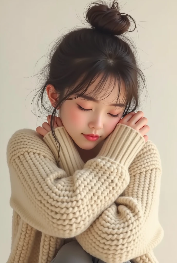 The image features a young woman in a relaxed, introspective pose, wearing a sizeable, chunky knitted sweater that seems to offer comfort or warmth. Her eyes are closed, and her head is gently resting on her crossed arms, suggesting a moment of quiet contemplation, rest, or perhaps solitude. The palette of the image is muted, dominated by soft, neutral colors—the beige of the sweater against a pale, nondescript background—providing a sense of calmness or serenity. Her hair is casually tossed up into a messy bun, which, together with the overall soft tone of the image and her gentle pose, contributes to an intimate, cozy atmosphere. The subject's expression cannot be fully seen, but the slight furrow in her brow may hint at concentration or a touch of emotional strain. The minimalist composition of the image draws the viewer’s attention entirely to the young woman, encapsulating a private moment of stillness in a seemingly fast-paced world.