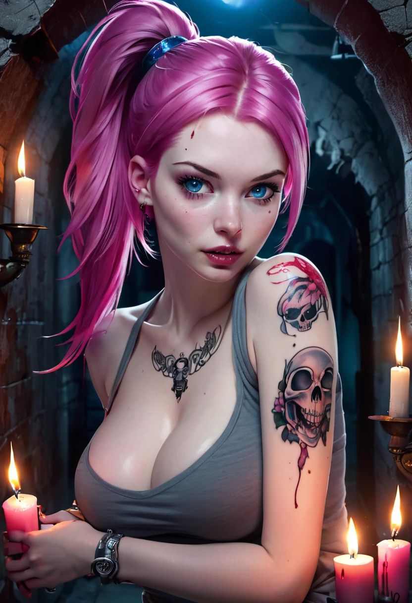 doggstyle, cum, skini girl, grey t-shirt , (((((pale skin)))))), blue eyes, white girl, deep pink hair, ultra realistic, ,large breast, (((huge breast))), ponytail hair,dark tunnel full of skulls with little light background, candle lights, blood in face, scarry face, gore,((tattoo skull breast))