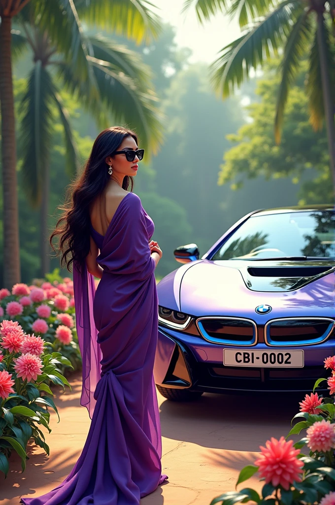 sri lanka Peradeniya flowers garden , and 36 years old women ,wearing purple saree on flowers and sunglasses  , long beautiful hair,near the black Color Bmw i8 car , with name "CBI 0002 " write on number plate, 3d art painting realistic photo
