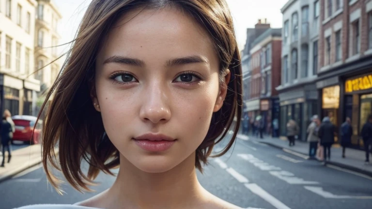 dressed, (photo realistic:1.4), (hyper realistic:1.4), (realistic:1.3), (smoother lighting:1.05), (increase cinematic lighting quality:0.9), 32K, 1girl,20yo girl, realistic lighting, backlighting, light on the face, ray trace, (brightening light:1.2), (Increase quality:1.4), (best quality real texture skin:1.4), finely detailed eyes, finely detailed happy face, finely quality eyes, (tired and sleepy and satisfied:0.0), face closeup, Take a walk on the street of London, (Increase body line mood:1.1), (Increase skin texture beauty:1.1)