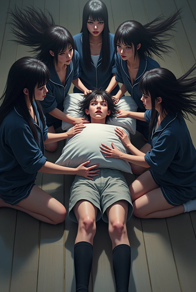 Group of murderous school girls in sports pants and long hair suffocating, drowning, killing with a pillow on a boy&#39;s face on the floor