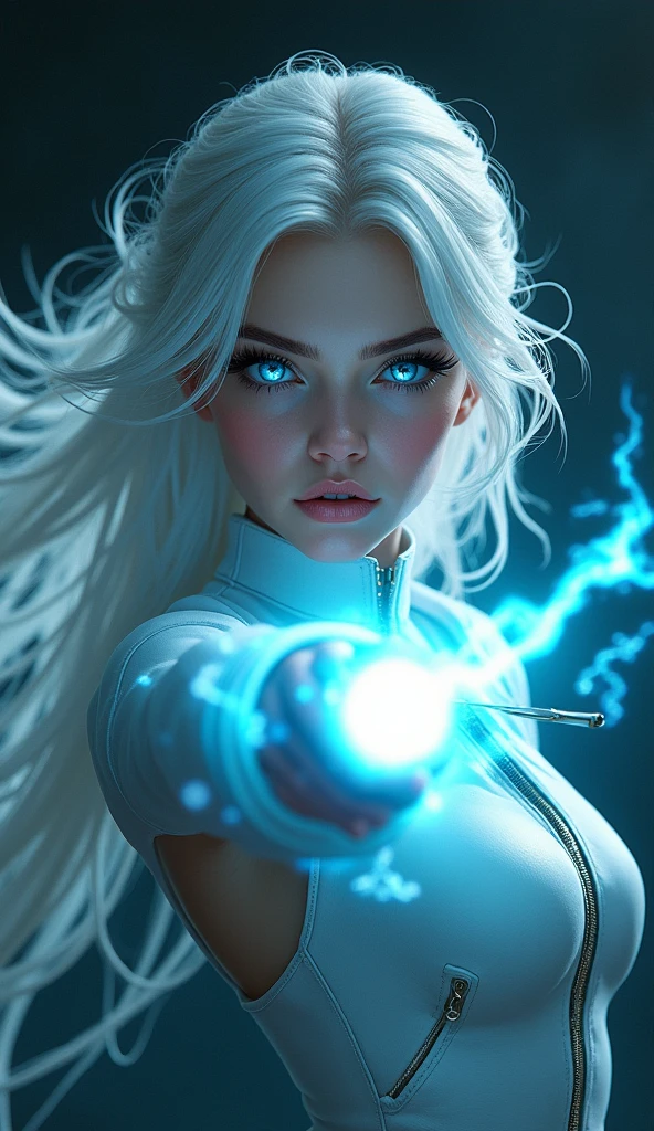 1girl, solo, masterpiece, perfect hands, white hair, blue green eyes, shine, black eyes, heterochromia, aiming, electric, statikk