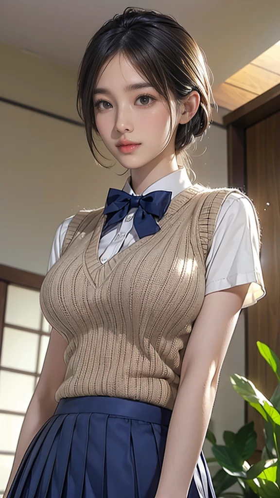 (masterpiece:1.2, Highest quality), (Realistic, photoRealistic:1.4), (Large Breasts:1.5), Beautiful illustrations, (Natural Side Lighting, Cinema Lighting), Written boundary depth, Looking at the audience, (Face Focus, Upper Body), Front view, 1 girl, Japanese, high school girl, 15 years old, Perfect Face, Symmetrical cute face, Glowing Skin, (Bob Hair:1.7,Black Hair), Asymmetrical bangs, Big eyes, Droopy eyes, long eyelashes chest), thin, Beautiful Hair, Beautiful Face, Beautiful and beautiful eyes, Beautiful clavicle, Beautiful body, Beautiful breasts, Beautiful thighs, Beautiful feet, Beautiful fingers, ((Quality fabric texture, Brown knitted vest, Short sleeve white collar shirt, Navy Pleated Skirt, Navy bow tie)), (Beautiful views), evening, (Inside the flower shop), Are standing, (smile, Excellent, Open your mouth), (From below:1.5),(Poor horizon:1.5), (From below)