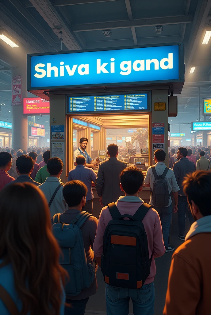 Create a picture of booking counter and counter name is "Shiva ki gand " and in front of booking counter lots of people in lines
